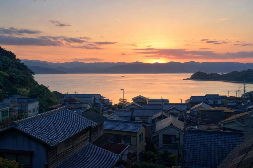 夕方の海辺の町並みと遠くの山