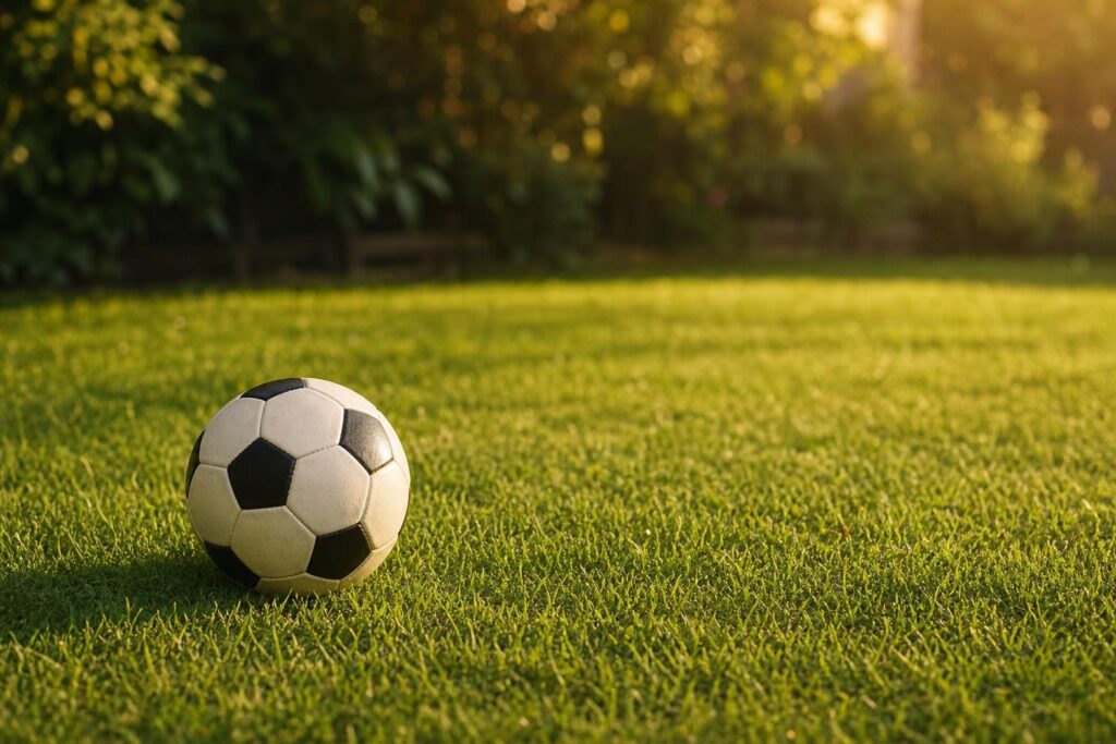夕方のやわらかい光が差す庭の芝生に置かれたサッカーボール