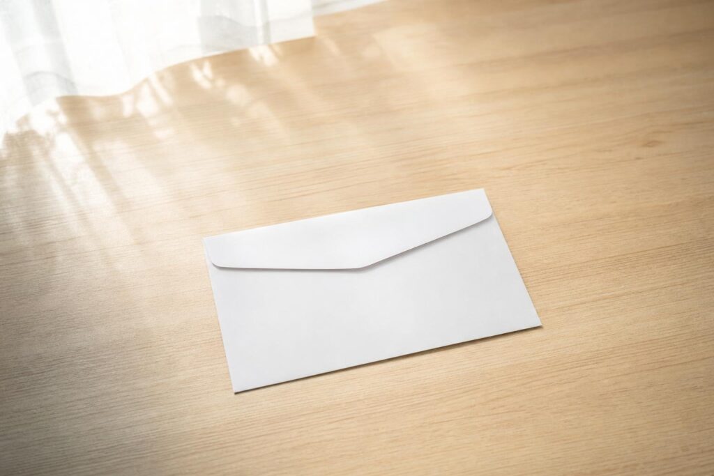 木の机の上に置かれた、何も書かれていない白い封筒