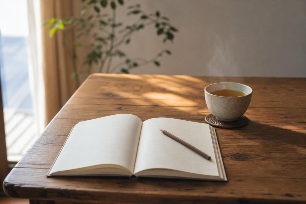 木の机に置かれたノートと鉛筆と温かいお茶