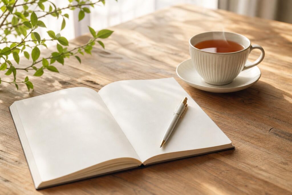 温かい紅茶と開いたノートが置かれたテーブル