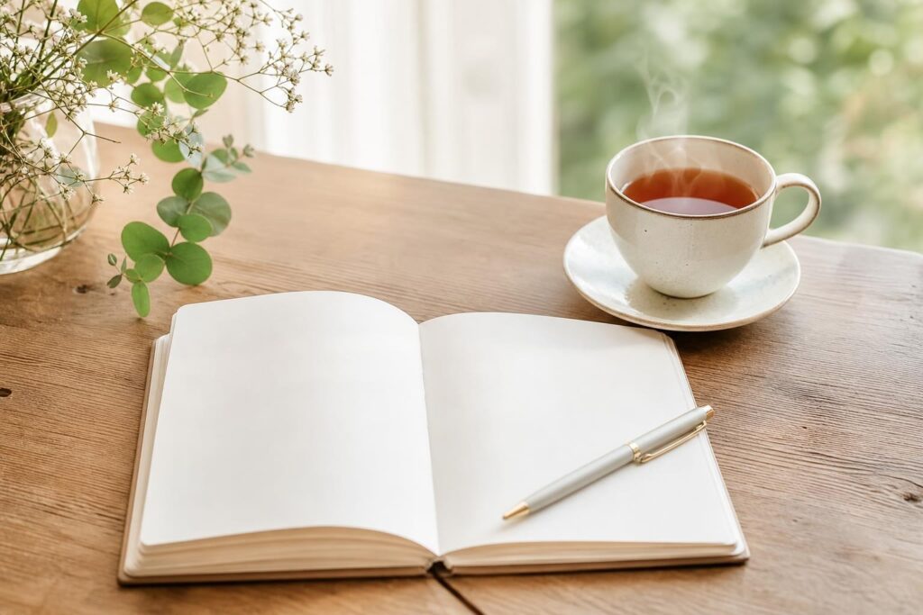 温かい紅茶と開いたノートが置かれたテーブル