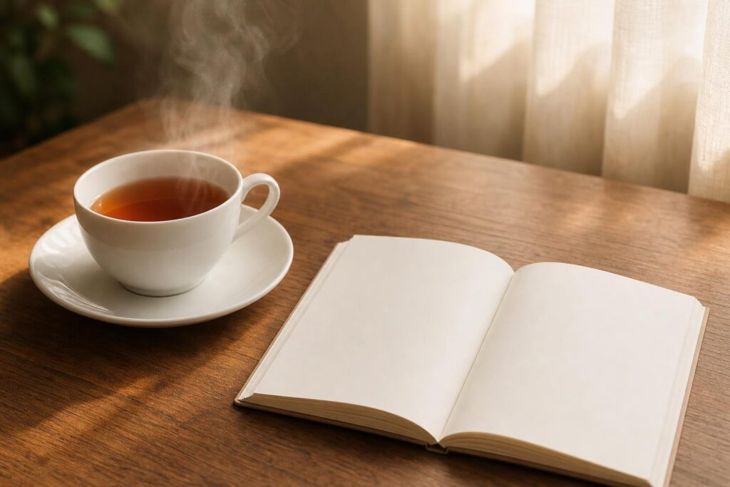 温かい紅茶と白いページのノートが置かれたテーブル