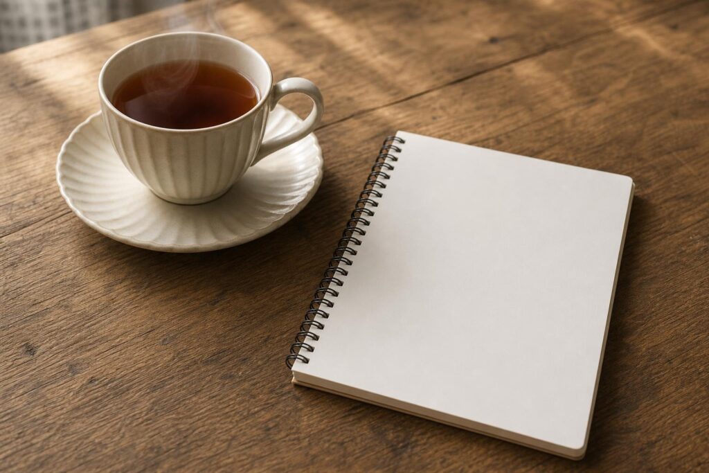 温かい紅茶と白いページのノートが置かれたテーブル