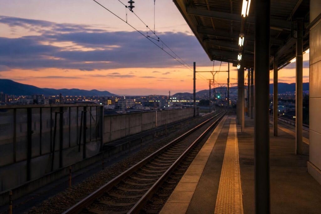 夕方の駅のホームとやわらかな街の明かり